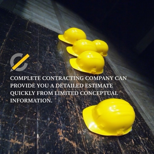 Yellow hard hats laid across a dark plank floor beside the Complete Contracting mark, captioned “Complete Contracting Company can provide you a detailed estimate quickly from limited conceptual information.”