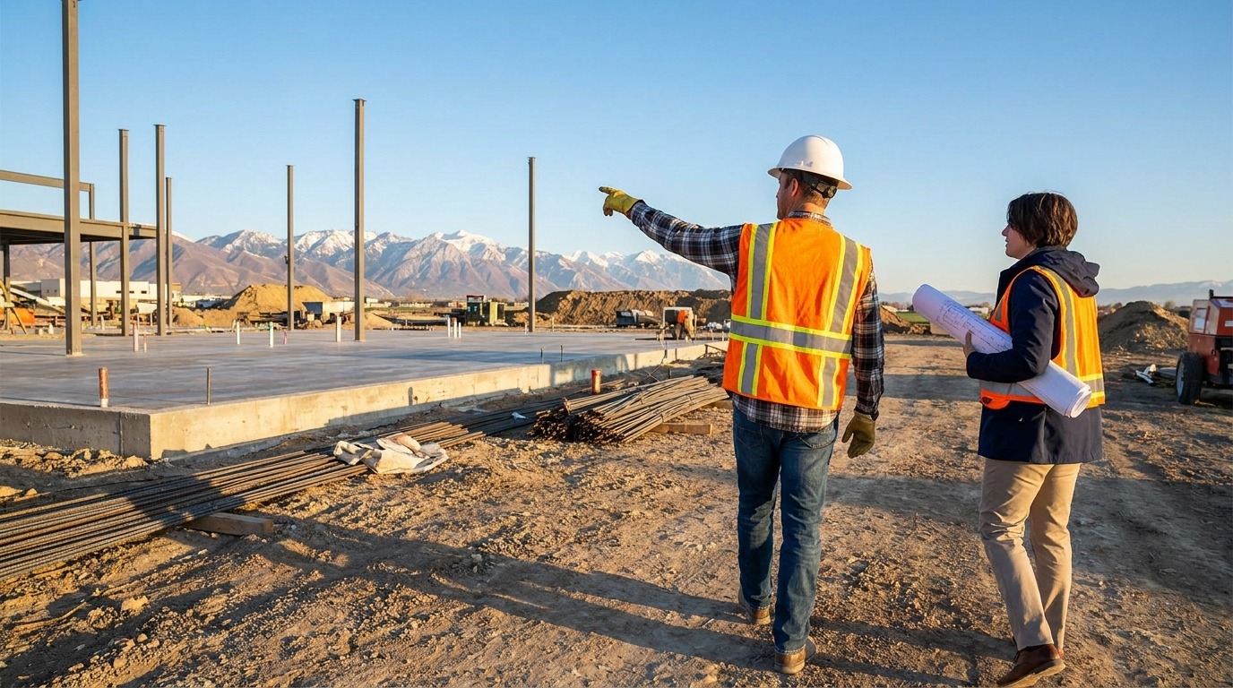 A project manager in a hard hat pointing across a new concrete slab and steel columns while the owner holds a roll of plans, with the Wasatch mountains behind