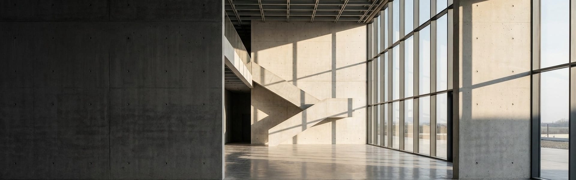 Sunlit interior of a finished concrete building — a cantilevered stair folding down a board-formed wall, with full-height curtain-wall glazing casting long shadows across the polished floor