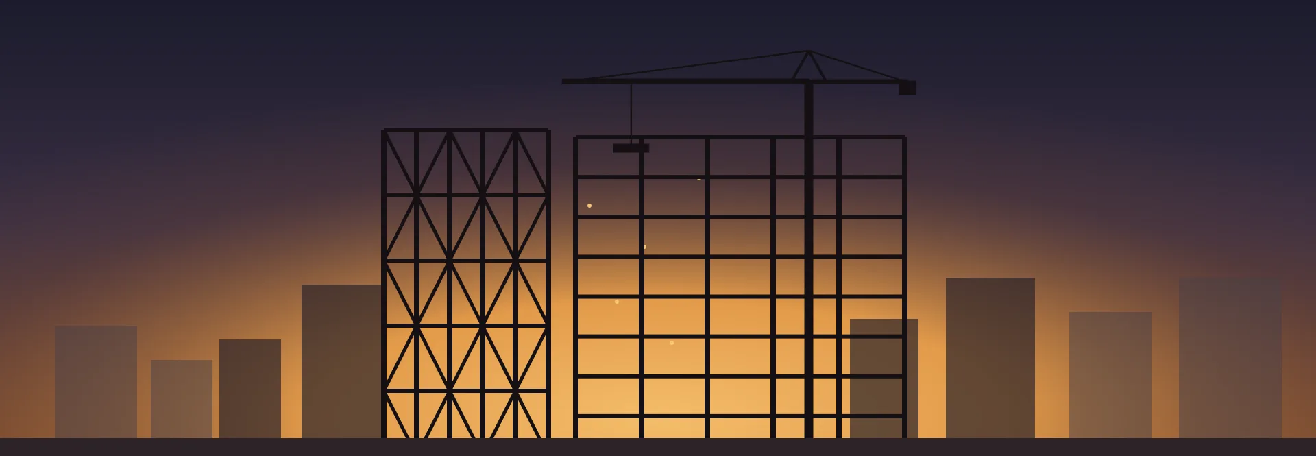Stylized dusk illustration of a completed steel building — photography for this category is being gathered