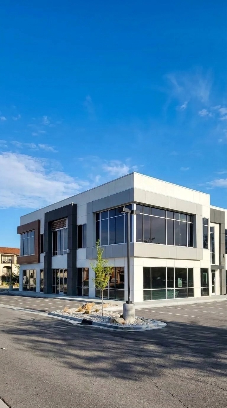 The Complete Contracting Company office in Highland, Utah — a two-story commercial building of white and grey panels with floor-to-ceiling glass, which the company built for itself, seen from the parking lot